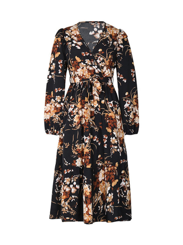 Damen-Herbstkleid mit Rüschengürtel und Print 