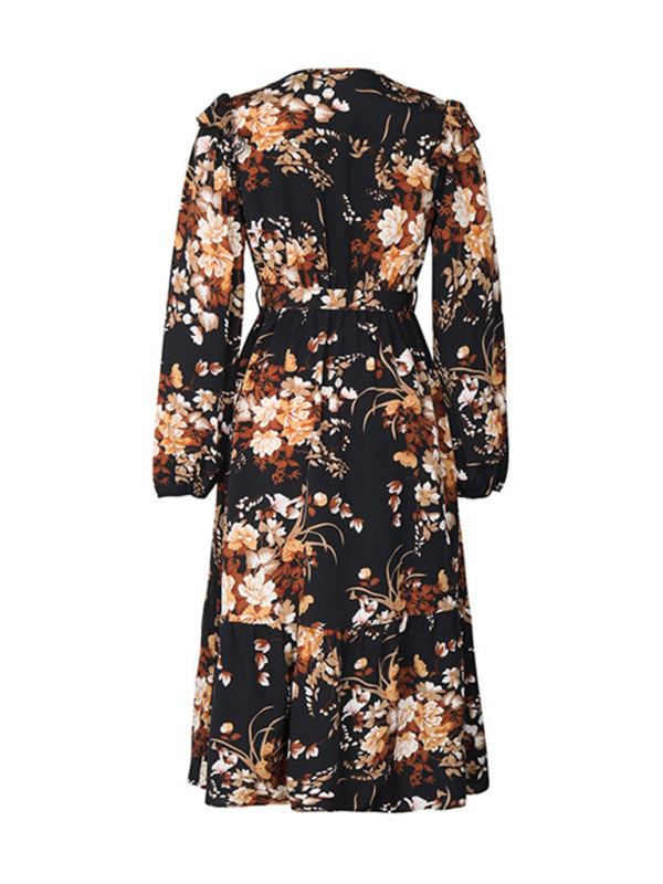 Damen-Herbstkleid mit Rüschengürtel und Print 
