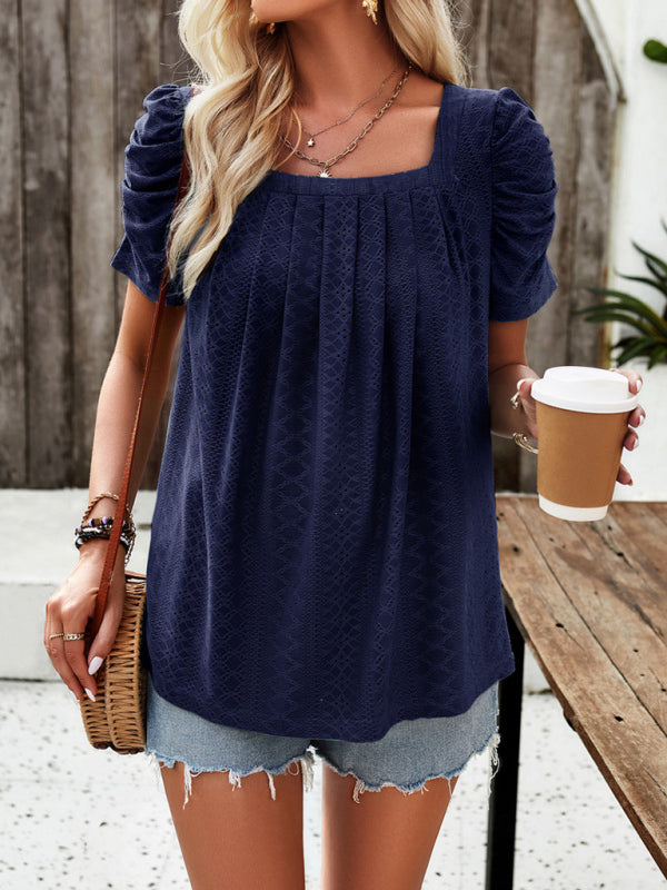 Casual solid color square neck puff sleeve shirt top - Closther