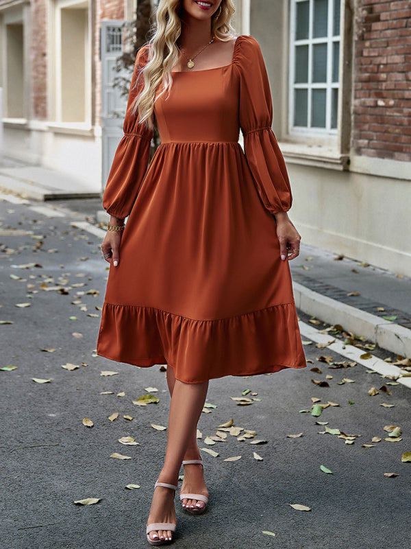 Women's Elegant Solid Color Square Neck Long Sleeve Dress - Closther