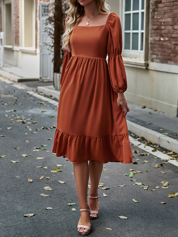 Women's Elegant Solid Color Square Neck Long Sleeve Dress - Closther