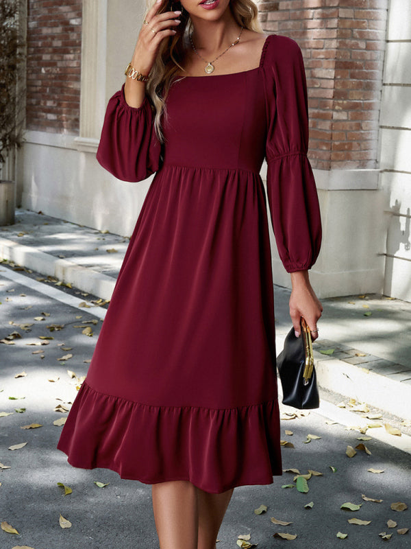 Women's Elegant Solid Color Square Neck Long Sleeve Dress - Closther