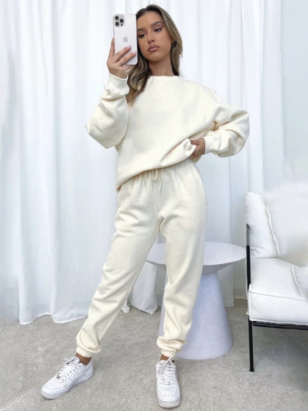 Ensemble pull-over à col rond, manches longues et pantalon, couleur unie tendance et décontracté pour femme 