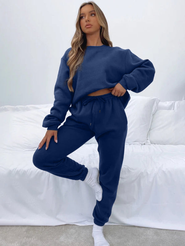 Ensemble pull-over à col rond, manches longues et pantalon, couleur unie tendance et décontracté pour femme 