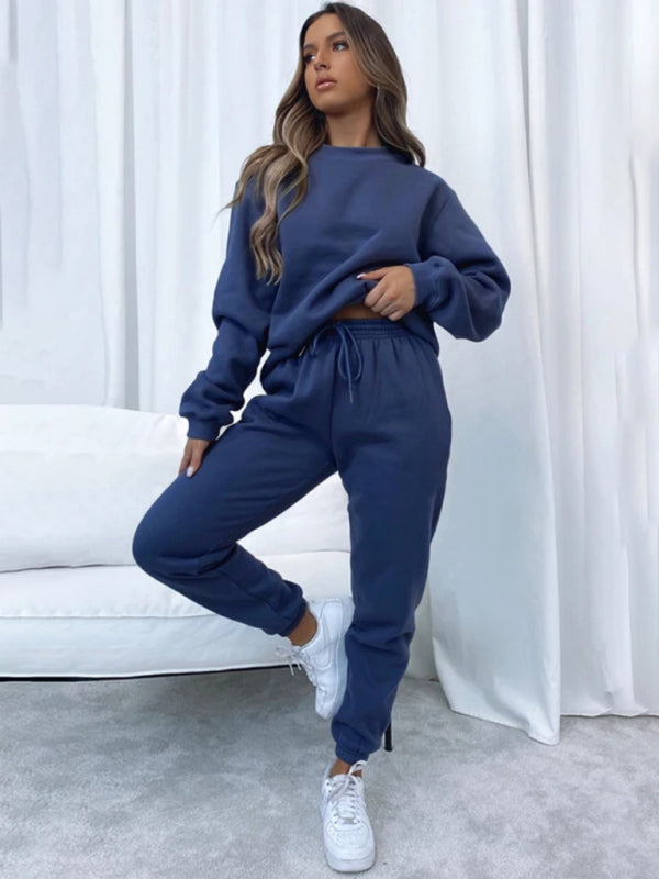 Ensemble pull-over à col rond, manches longues et pantalon, couleur unie tendance et décontracté pour femme 