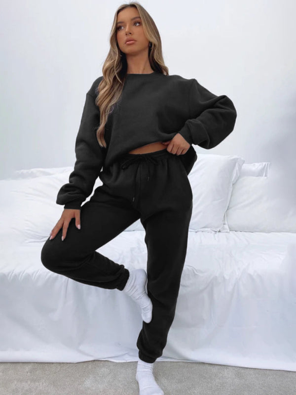 Ensemble pull-over à col rond, manches longues et pantalon, couleur unie tendance et décontracté pour femme 