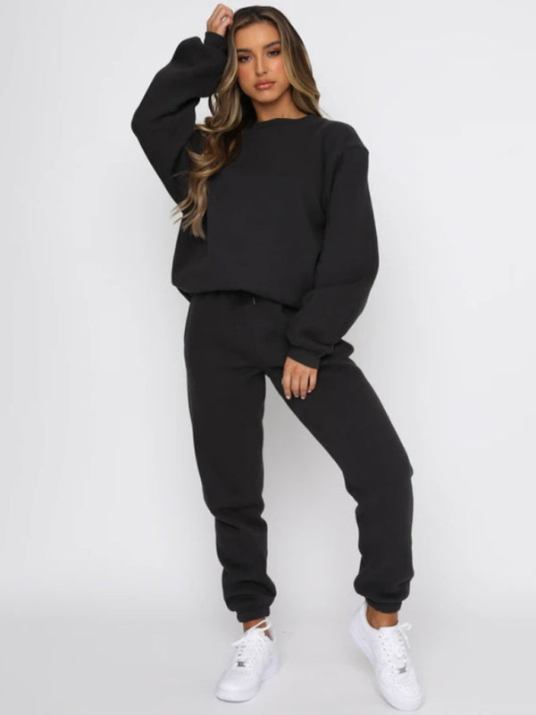 Ensemble pull-over à col rond, manches longues et pantalon, couleur unie tendance et décontracté pour femme 
