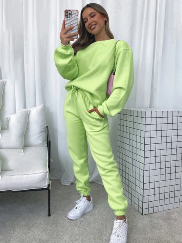 Ensemble pull-over à col rond, manches longues et pantalon, couleur unie tendance et décontracté pour femme 