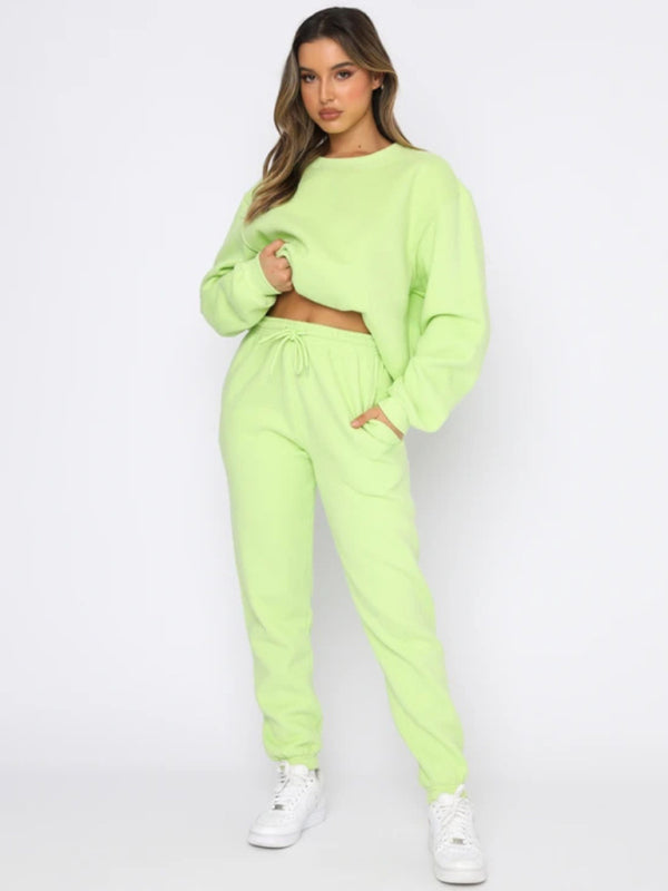 Ensemble pull-over à col rond, manches longues et pantalon, couleur unie tendance et décontracté pour femme 