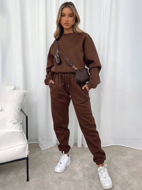 Ensemble pull-over à col rond, manches longues et pantalon, couleur unie tendance et décontracté pour femme 