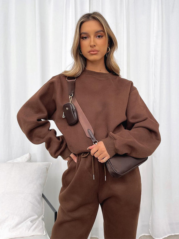 Ensemble pull-over à col rond, manches longues et pantalon, couleur unie tendance et décontracté pour femme 