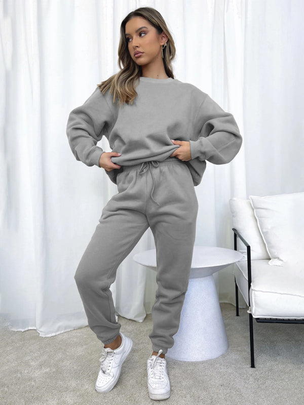 Ensemble pull-over à col rond, manches longues et pantalon, couleur unie tendance et décontracté pour femme 
