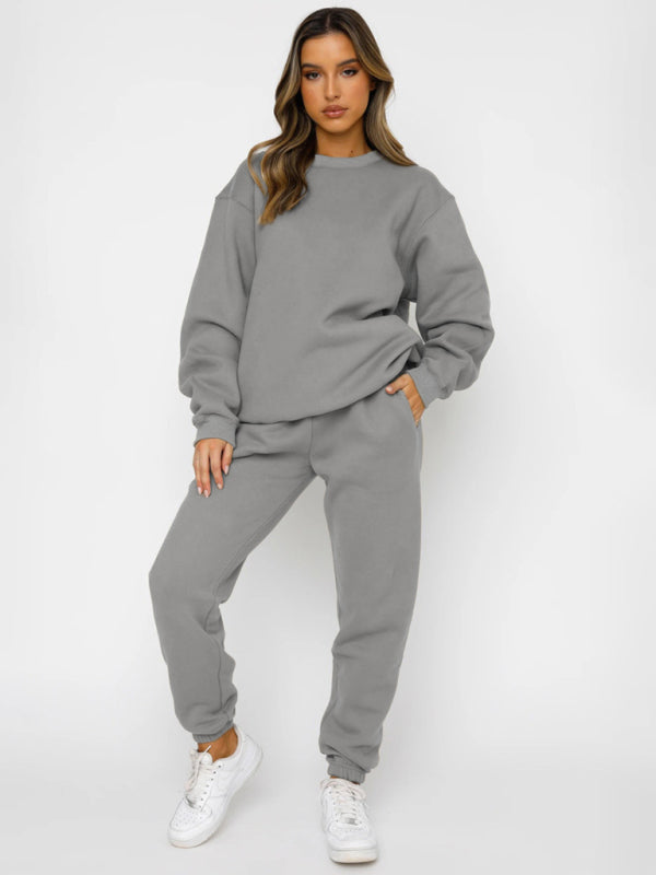 Ensemble pull-over à col rond, manches longues et pantalon, couleur unie tendance et décontracté pour femme 