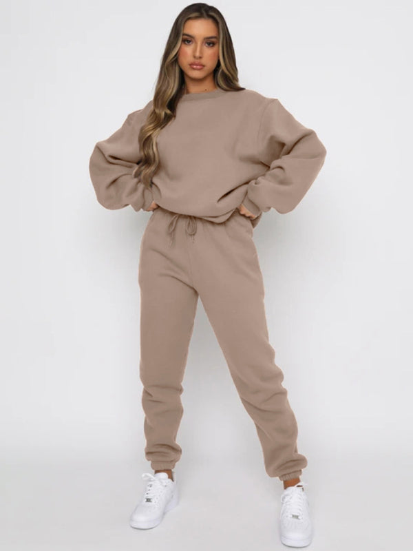 Ensemble pull-over à col rond, manches longues et pantalon, couleur unie tendance et décontracté pour femme 