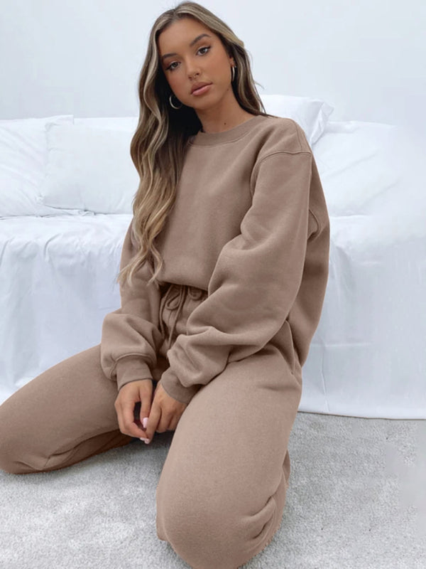 Ensemble pull-over à col rond, manches longues et pantalon, couleur unie tendance et décontracté pour femme 