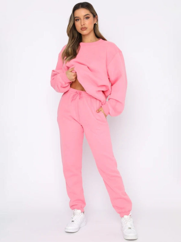 Ensemble pull-over à col rond, manches longues et pantalon, couleur unie tendance et décontracté pour femme 