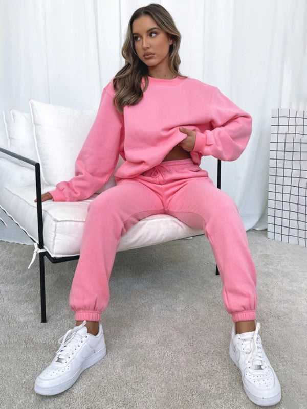 Ensemble pull-over à col rond, manches longues et pantalon, couleur unie tendance et décontracté pour femme 