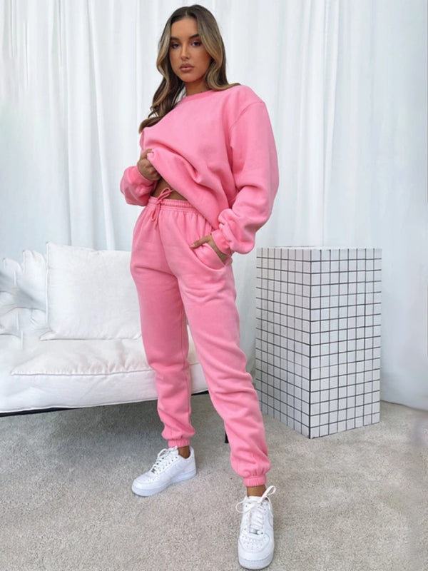 Ensemble pull-over à col rond, manches longues et pantalon, couleur unie tendance et décontracté pour femme 