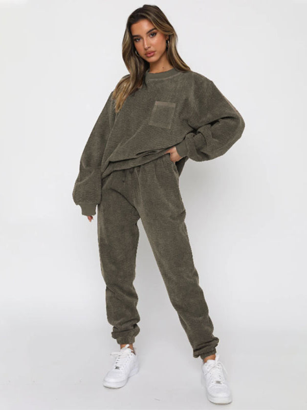 Zweiteiliges Set aus Cordhose und Rundhalsausschnitt für Damen (einfarbig) 