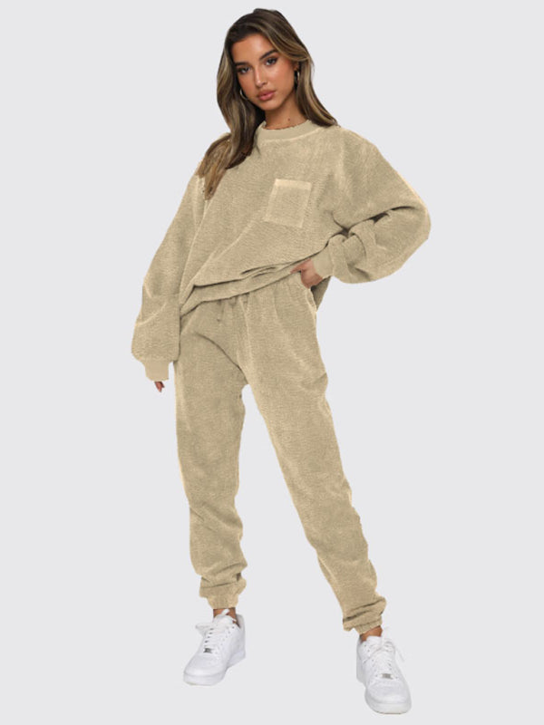 Zweiteiliges Set aus Cordhose und Rundhalsausschnitt für Damen (einfarbig) 