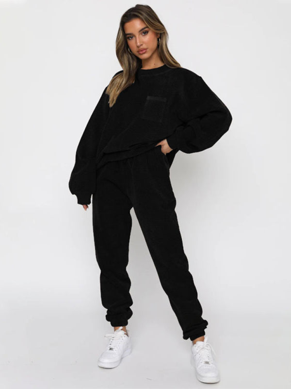 Zweiteiliges Set aus Cordhose und Rundhalsausschnitt für Damen (einfarbig) 