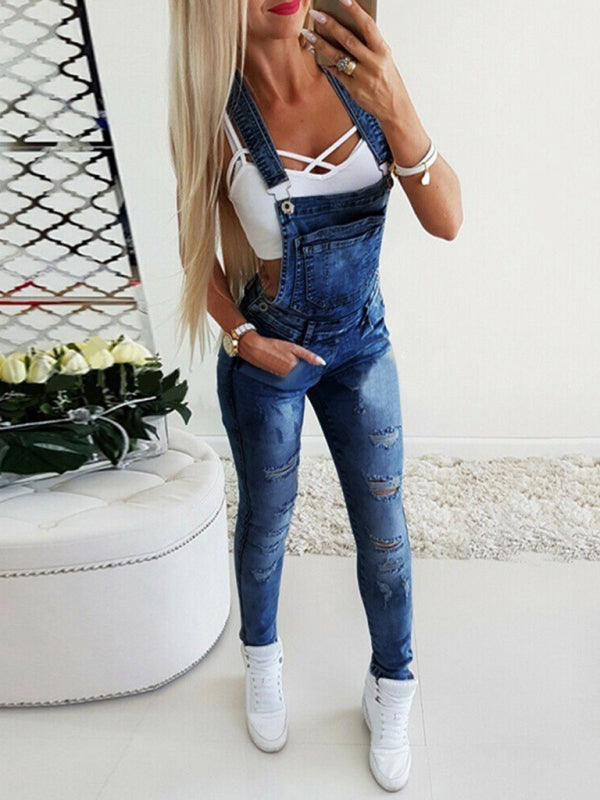 Sexy enge Latzhose, handgerissene Damenjeans 