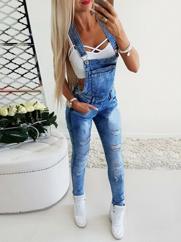 Sexy enge Latzhose, handgerissene Damenjeans 