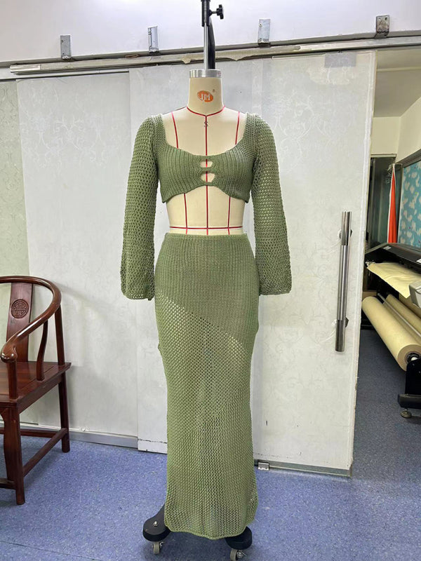 Ensemble jupe longue maxi à manches longues en maille pour femme 