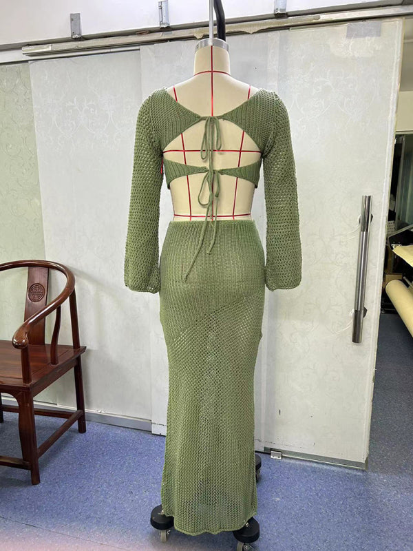 Ensemble jupe longue maxi à manches longues en maille pour femme 