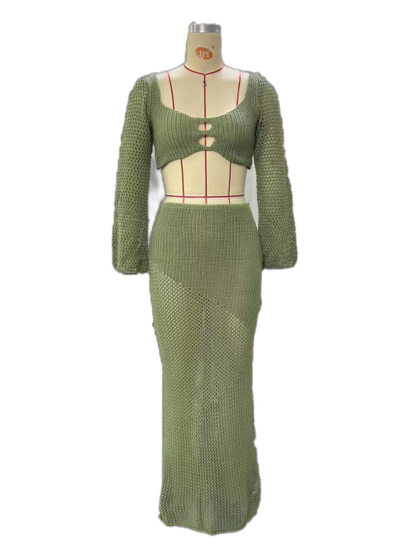 Ensemble jupe longue maxi à manches longues en maille pour femme 