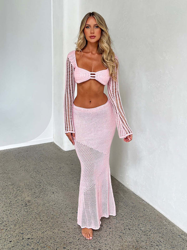 Ensemble jupe longue maxi à manches longues en maille pour femme 