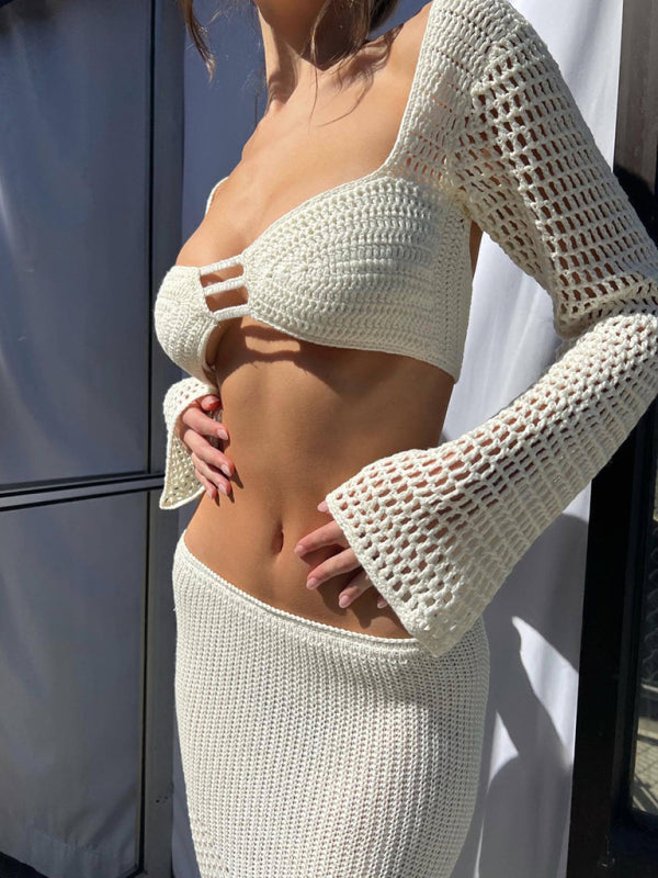 Ensemble jupe longue maxi à manches longues en maille pour femme 