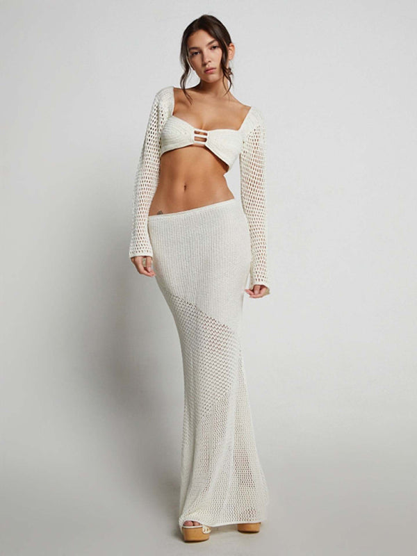 Ensemble jupe longue maxi à manches longues en maille pour femme 