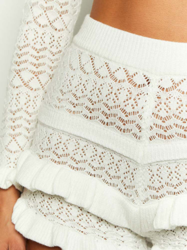 haut court à manches longues, short sexy, ensemble en maille 