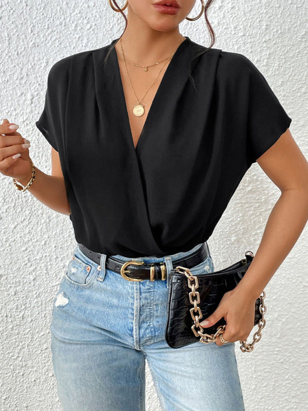 body élégant pour femme, col en V plissé, épaules tombantes 