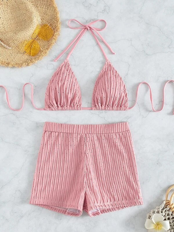 Feminine lace-up textured two-piece bikini - Closther