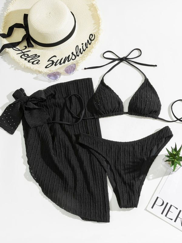 Feminine lace-up textured three-piece bikini - Closther