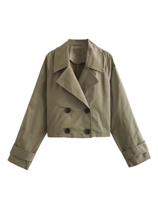 Neue, schmal geschnittene, langärmelige, kurze, lässige Windjacke für Damen mit zweireihigem Knopfverschluss 