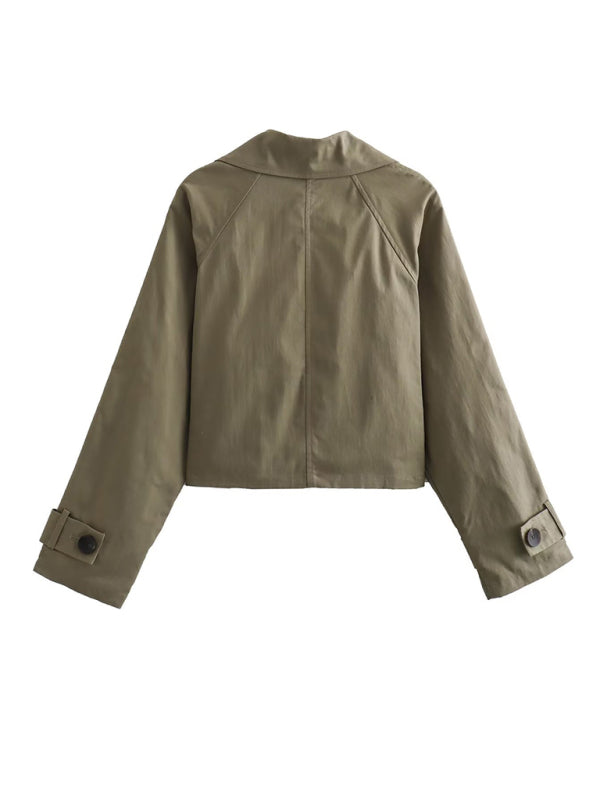 Neue, schmal geschnittene, langärmelige, kurze, lässige Windjacke für Damen mit zweireihigem Knopfverschluss 