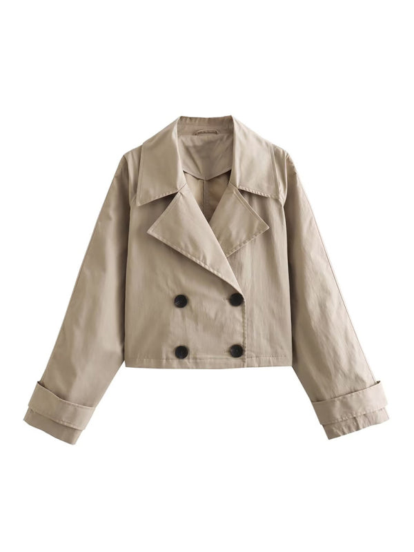 Neue, schmal geschnittene, langärmelige, kurze, lässige Windjacke für Damen mit zweireihigem Knopfverschluss 