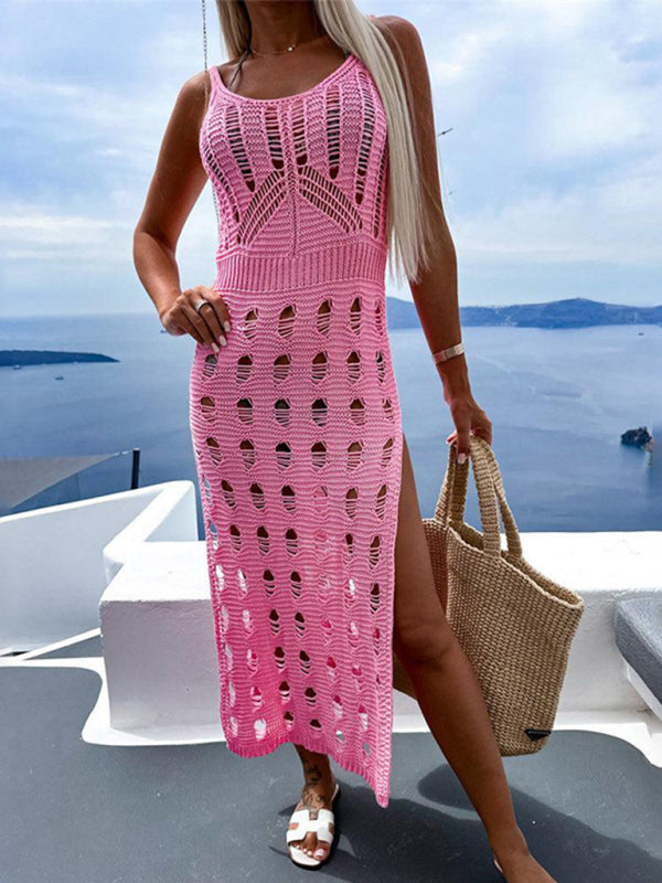 Neues, gestricktes Damenkleid im neuen Stil: figurbetont, sexy, einfarbig, mit V-Ausschnitt und Schlitz 