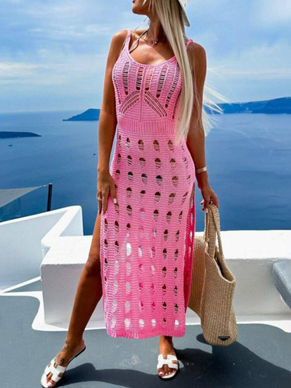 Neues, gestricktes Damenkleid im neuen Stil: figurbetont, sexy, einfarbig, mit V-Ausschnitt und Schlitz 