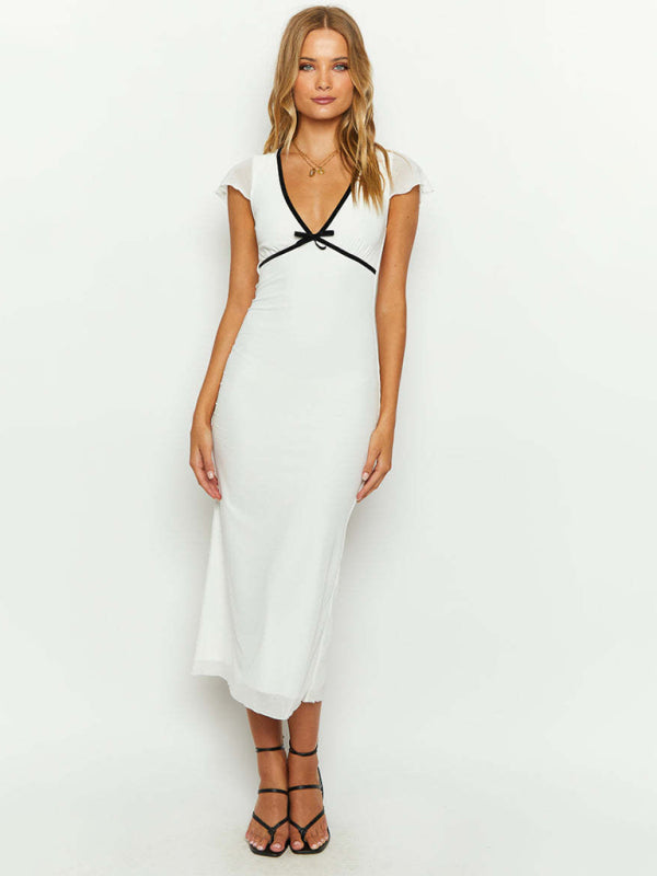 Neues, mit Schleife verziertes, tief ausgeschnittenes, sexy V-Ausschnitt-Kurzarmkleid, das den Po bedeckt 