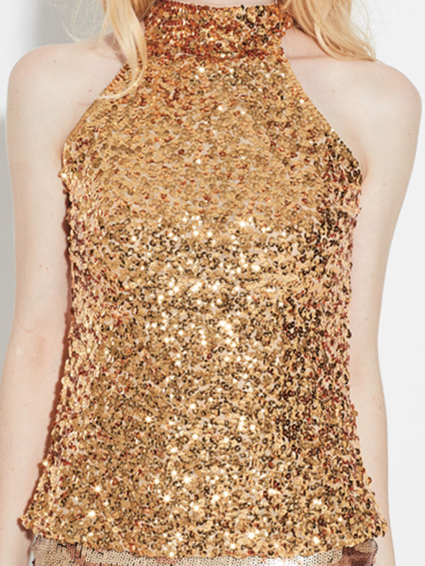 Women's New Fashion Sexy Sleeveless Slim Pullover Sequined Top