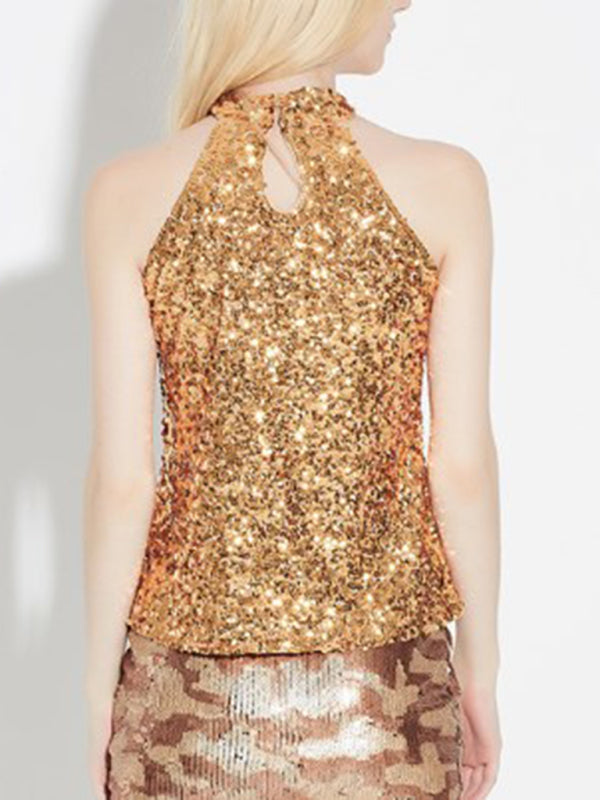 Women's New Fashion Sexy Sleeveless Slim Pullover Sequined Top