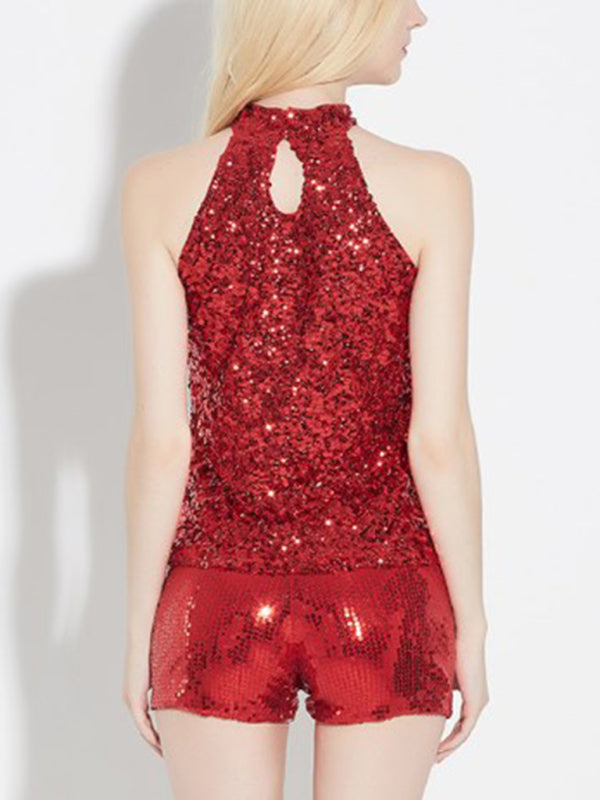 Women's New Fashion Sexy Sleeveless Slim Pullover Sequined Top