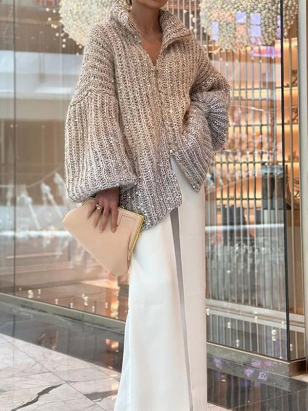 Nouveau cardigan à sequins pour femme, confortable et tendance, avec col en V. 