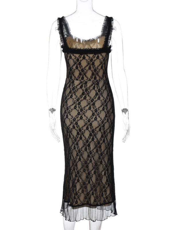 Robe à bretelles sexy pour femme, ornée de dentelle et d'un nœud sur la poitrine 