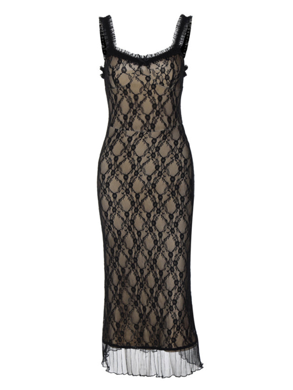 Robe à bretelles sexy pour femme, ornée de dentelle et d'un nœud sur la poitrine 