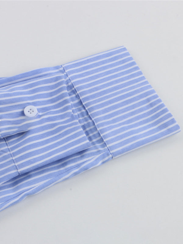 Lässiges zweiteiliges Set aus gestreiftem Damenhemd und Shorts 